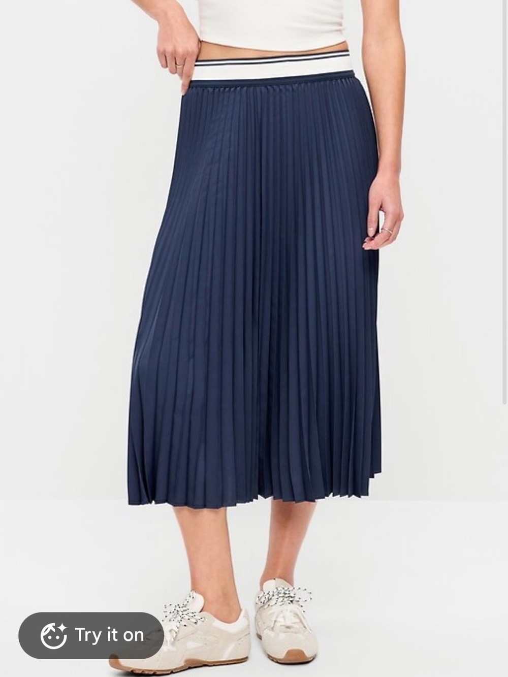 Old Navy Navy Pleated Midi Skirt with Striped Elastic Waist